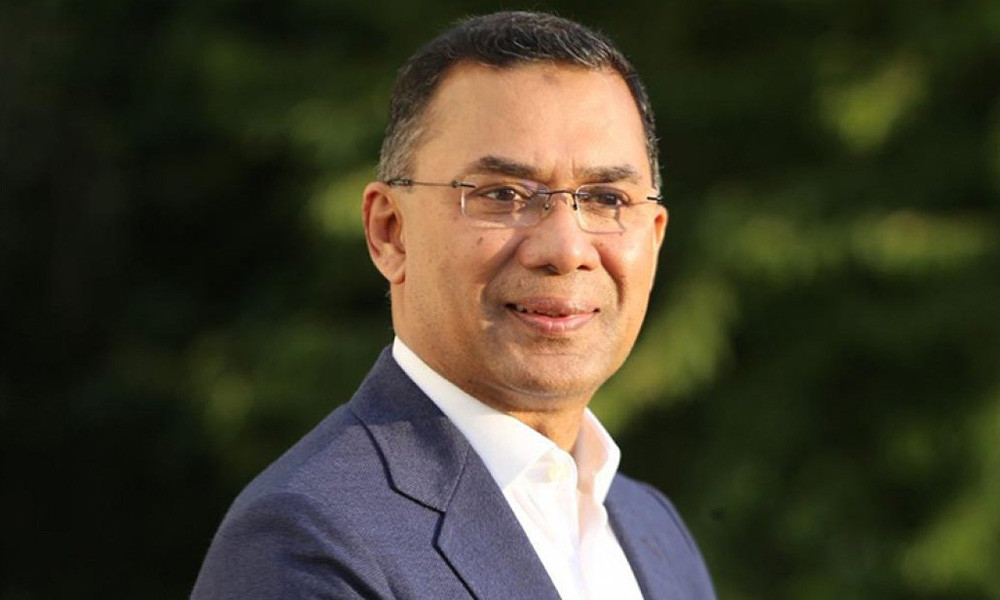 Prime Minister Tarique Rahman speaking at a government meeting about sending skilled workers to Japan.