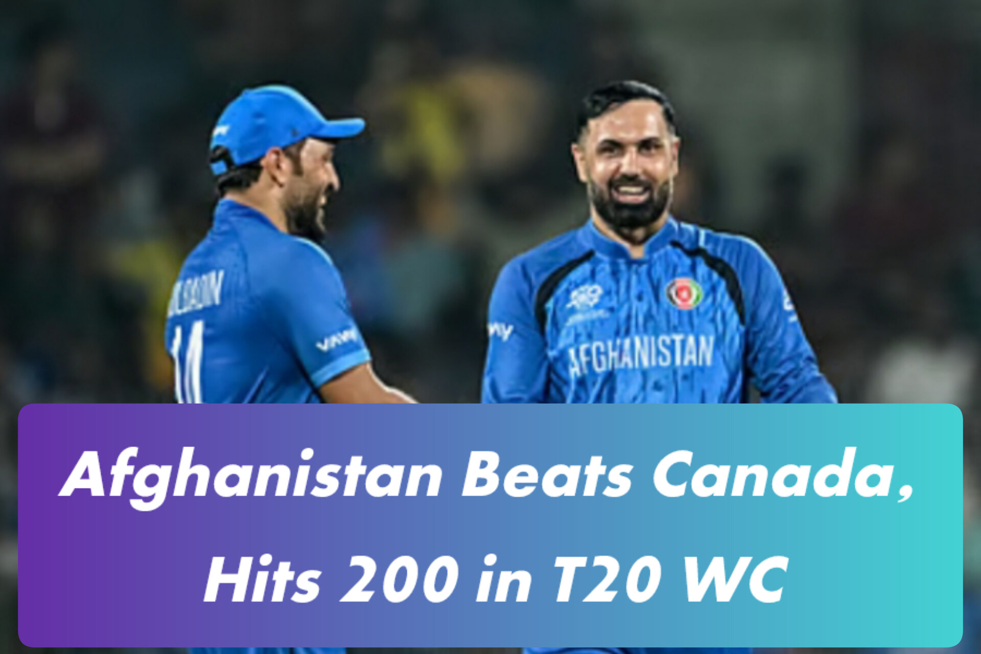 Afghanistan cricket team celebrating victory over Canada in T20 World Cup Chennai match.