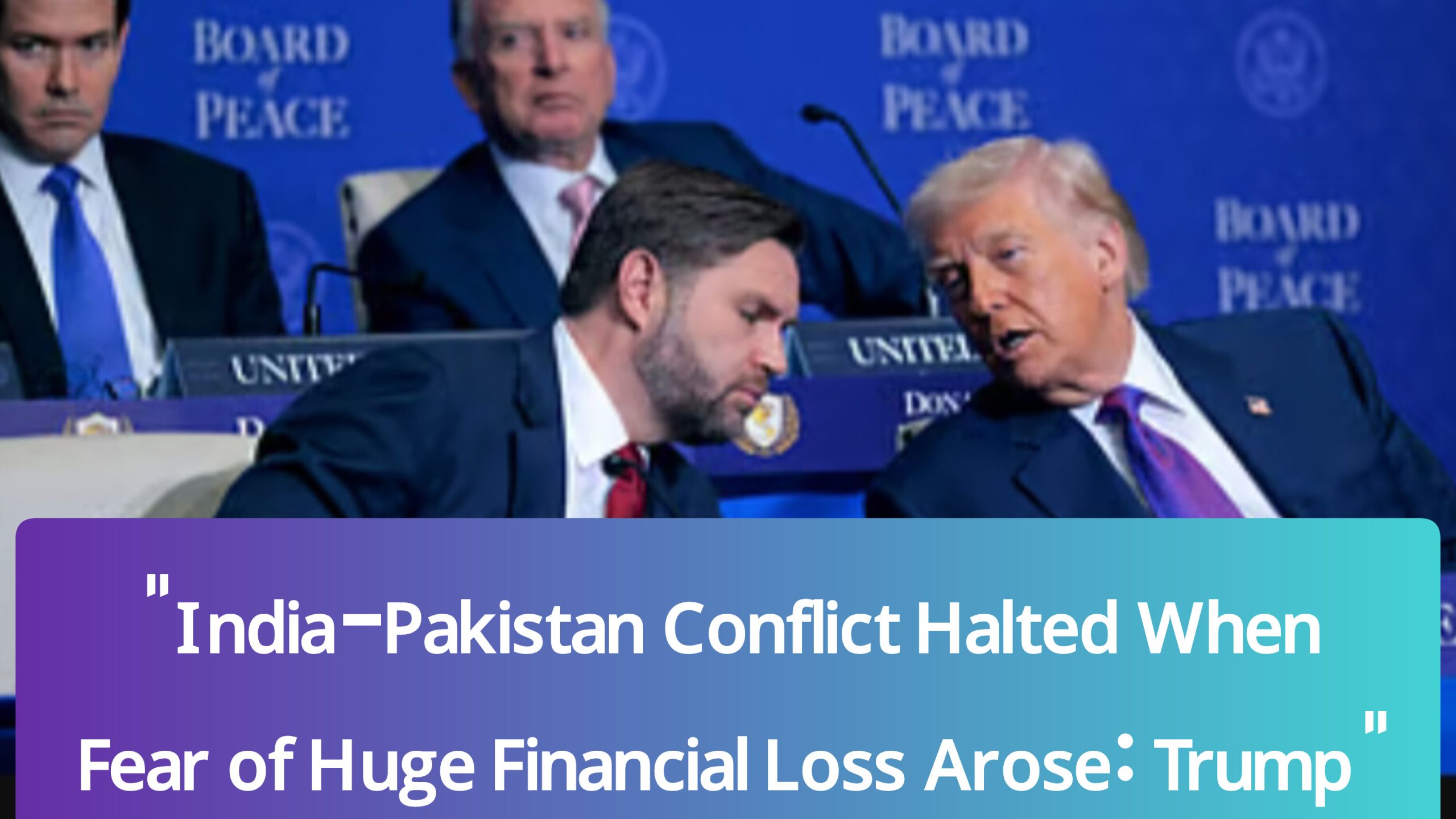 Former U.S. President Donald Trump speaking at the Board of Peace meeting, claiming he helped prevent a war between India and Pakistan in May 2025."