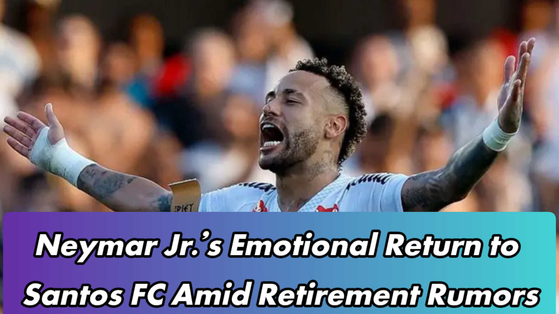 “Neymar Jr. wearing Santos FC jersey on the football field, celebrating his return after injury.”